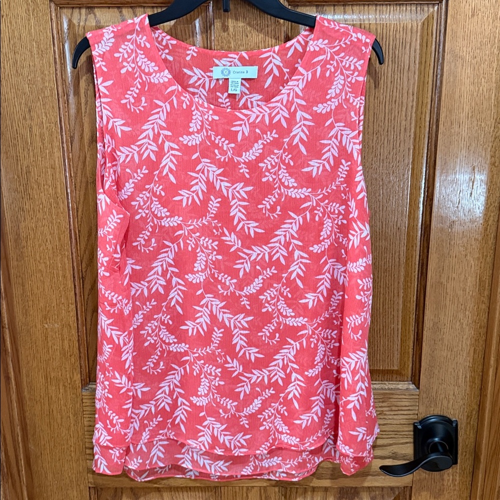 Christina B Coral Leaf Print sleeveless top. Size L. Excellent condition